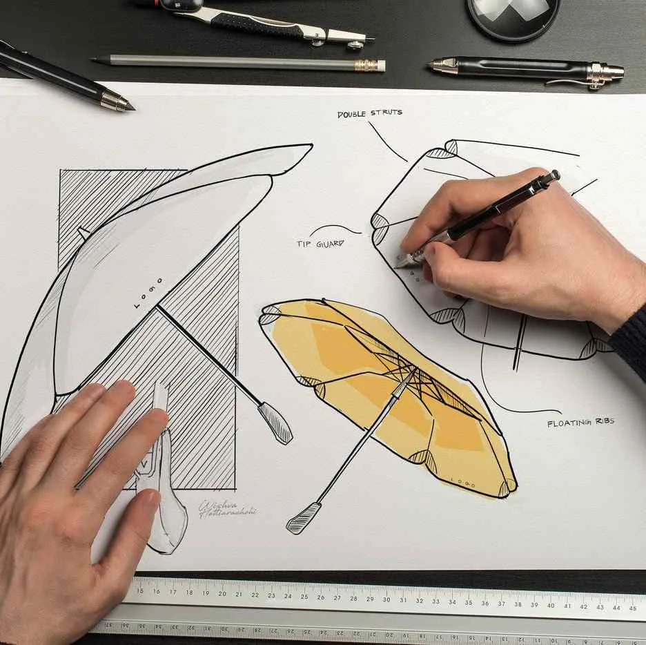 Umbrella canopy sketch with panel layout and handle concept — design reference