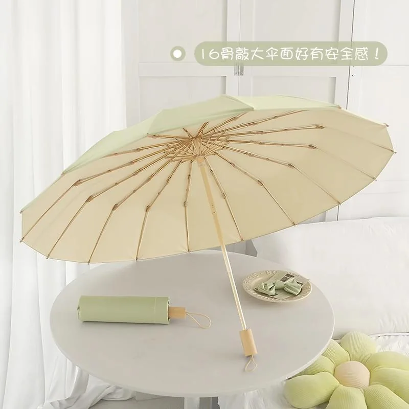 16-Rib Vintage Wooden Handle Folding Umbrella