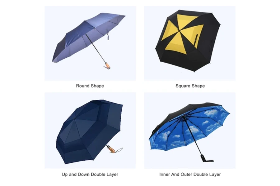 Round and square umbrellas with single and double canopy constructions
